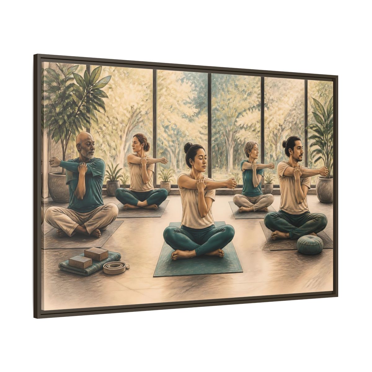 Side Mockup 8. Gentle Yoga Group Stretch shown as framed canvas print