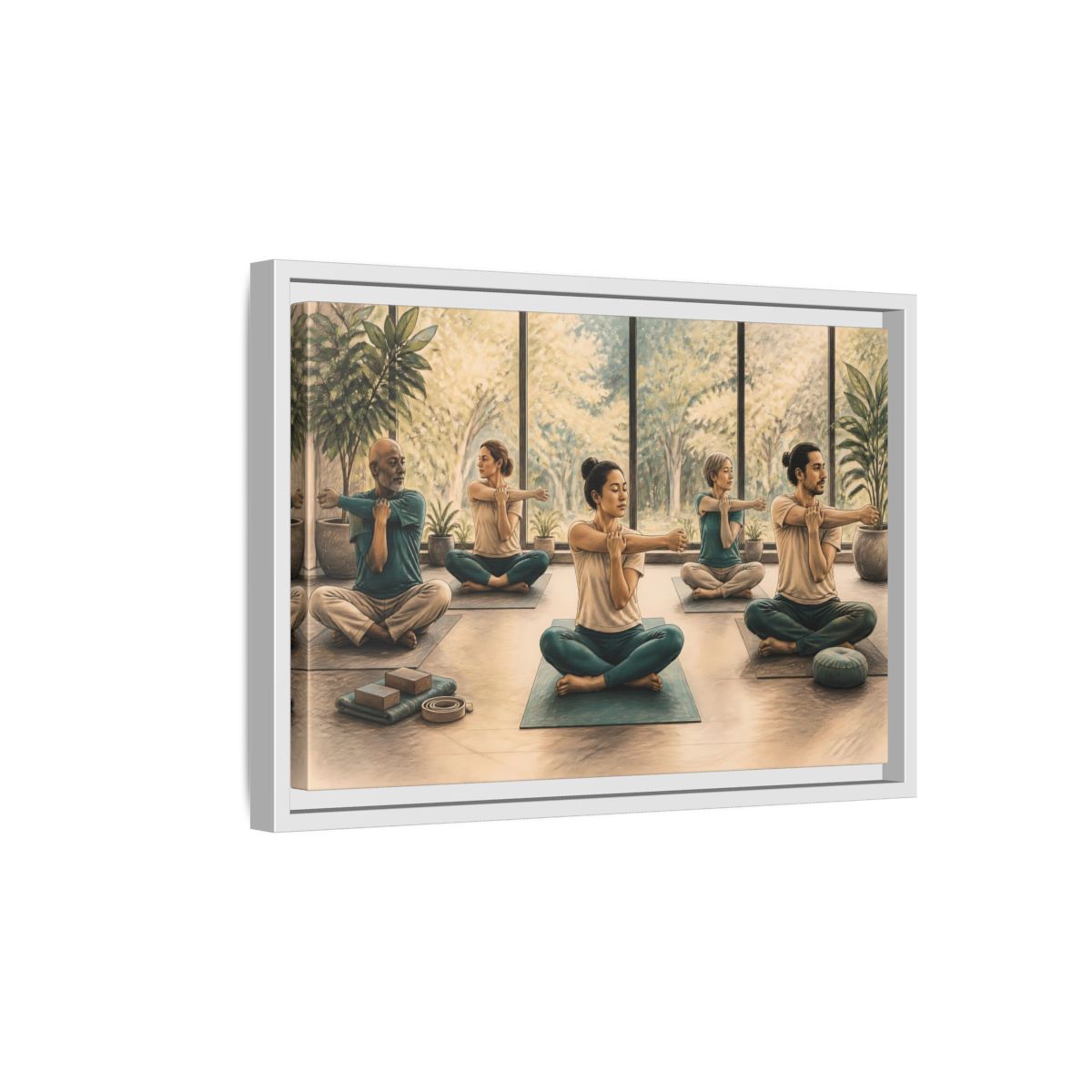Side Mockup 4. Gentle Yoga Group Stretch shown as framed canvas print