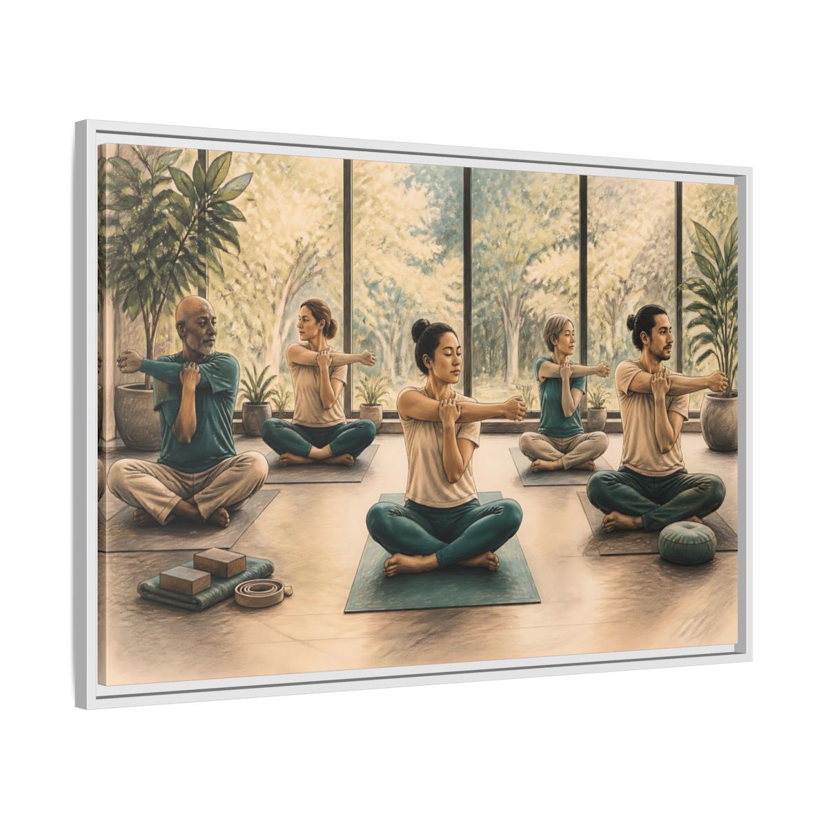 Side Mockup 9. Gentle Yoga Group Stretch shown as framed canvas print