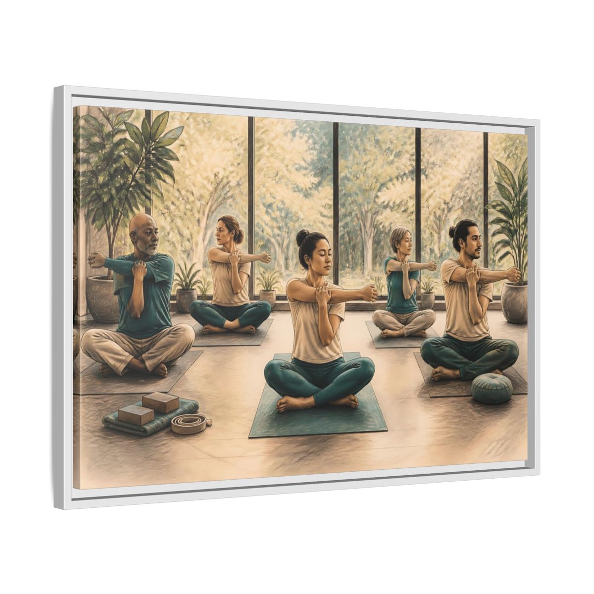 Side Mockup 10. Gentle Yoga Group Stretch shown as framed canvas print