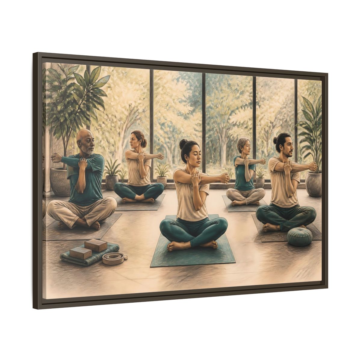Main Mockup. Gentle Yoga Group Stretch shown as framed canvas print