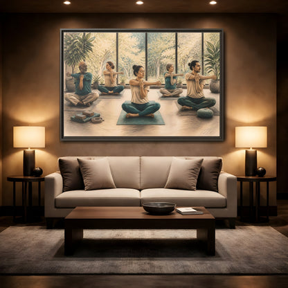 Mockup 2. Gentle Yoga Group Stretch shown as framed canvas print
