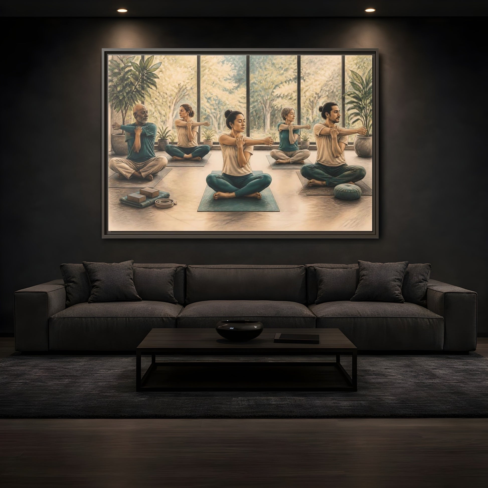 Mockup 3. Gentle Yoga Group Stretch shown as framed canvas print