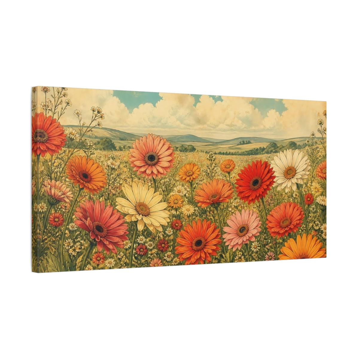 Side Mockup 1. Gerbera Meadow In Bloom shown as canvas print