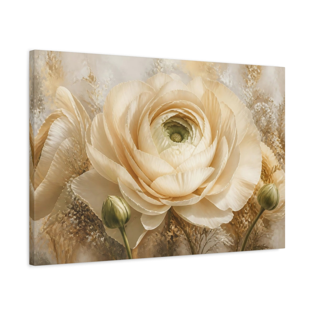 Side Mockup 2. Giant Ivory Ranunculus shown as canvas print