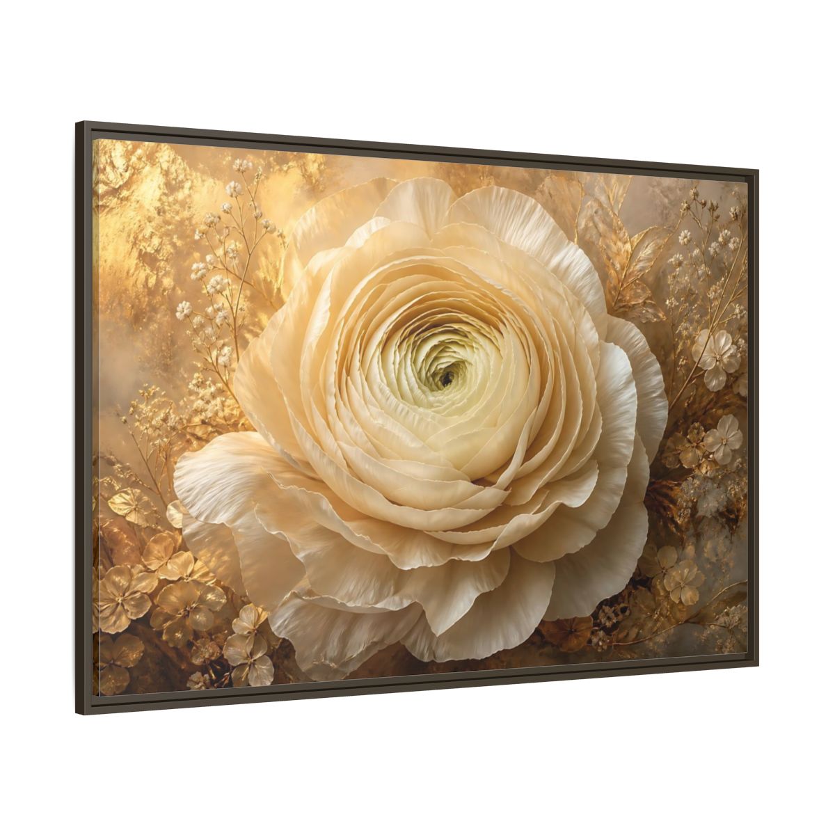 Side Mockup 8. Giant Ivory Ranunculus shown as framed canvas print