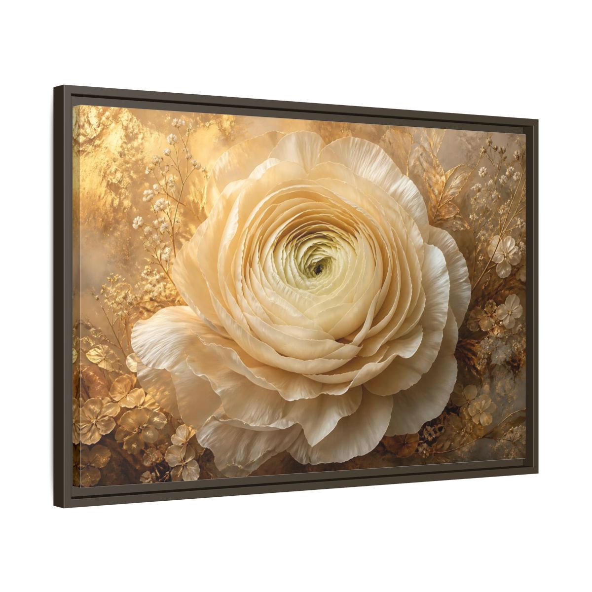 Side Mockup 11. Giant Ivory Ranunculus shown as framed canvas print