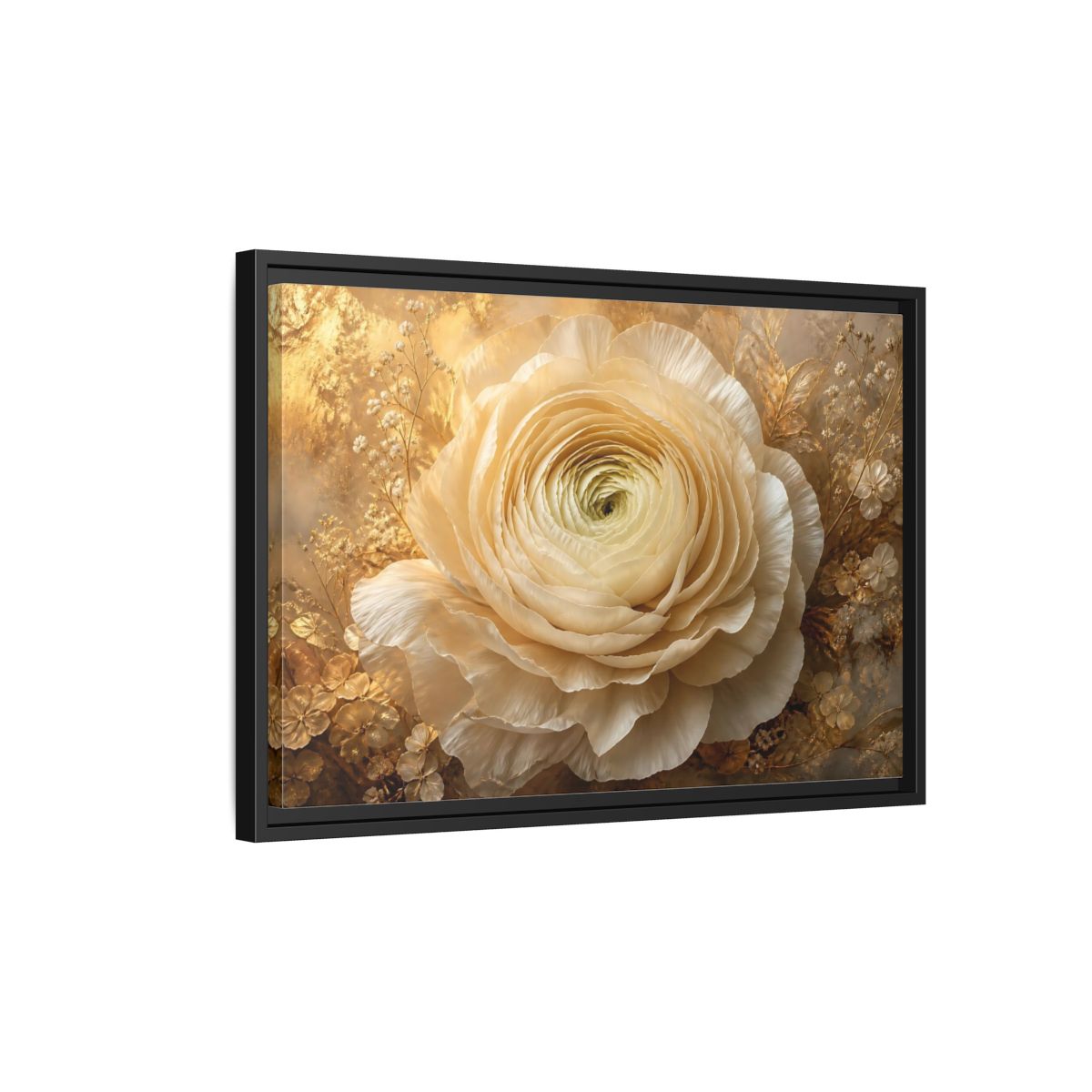 Side Mockup 3. Giant Ivory Ranunculus shown as framed canvas print
