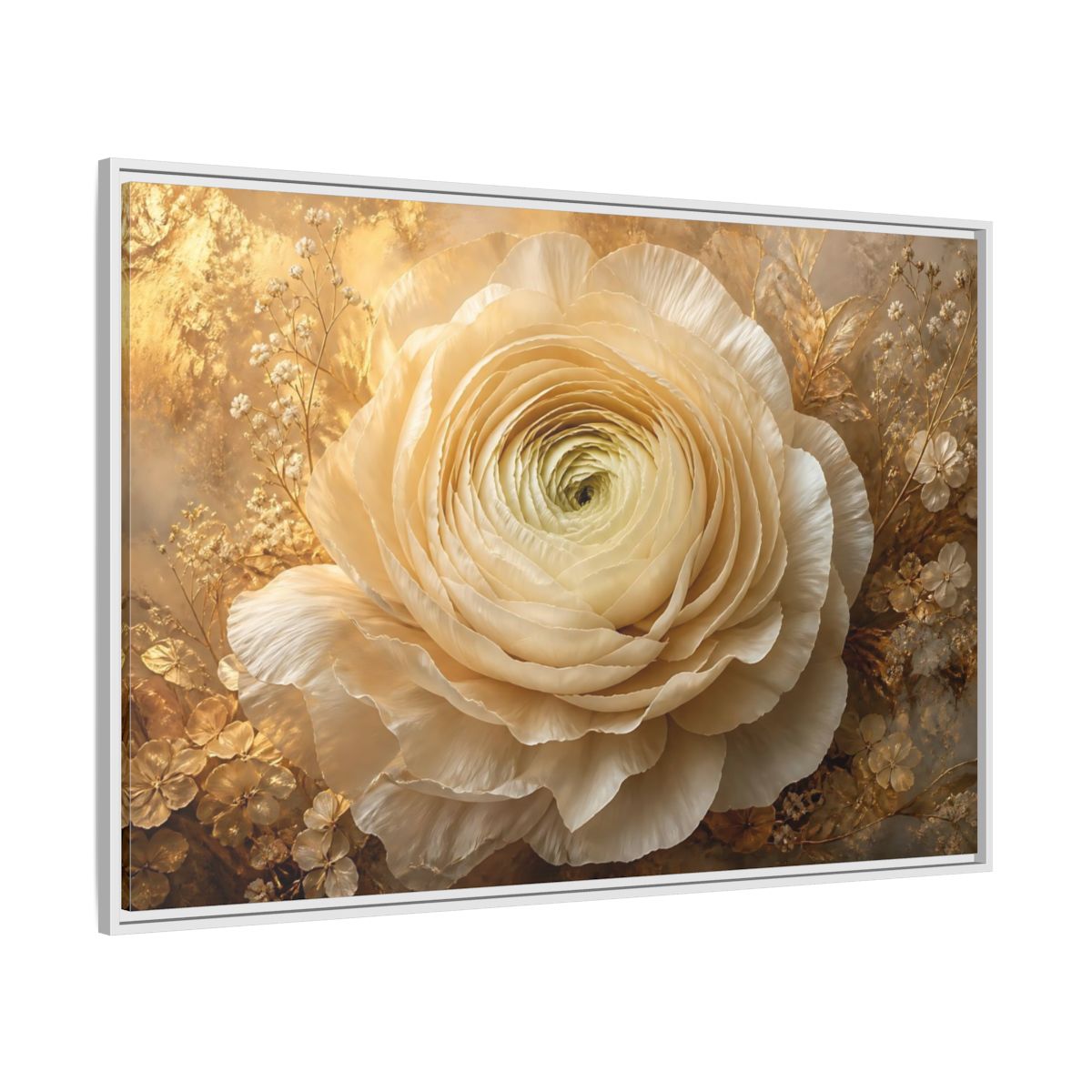 Side Mockup 7. Giant Ivory Ranunculus shown as framed canvas print