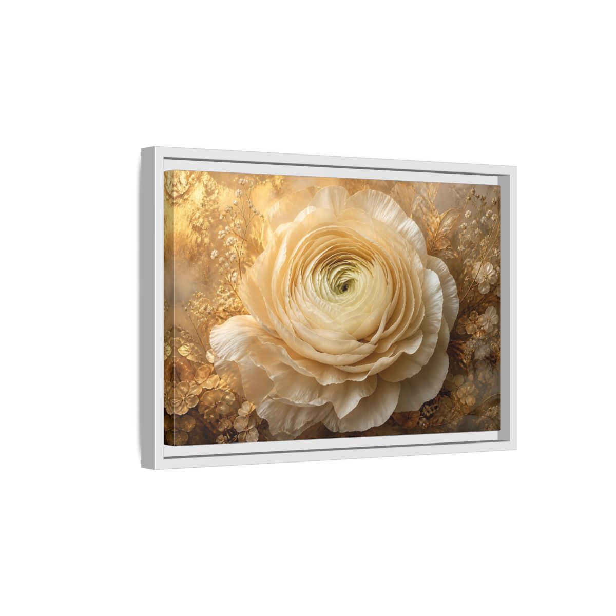 Side Mockup 4. Giant Ivory Ranunculus shown as framed canvas print