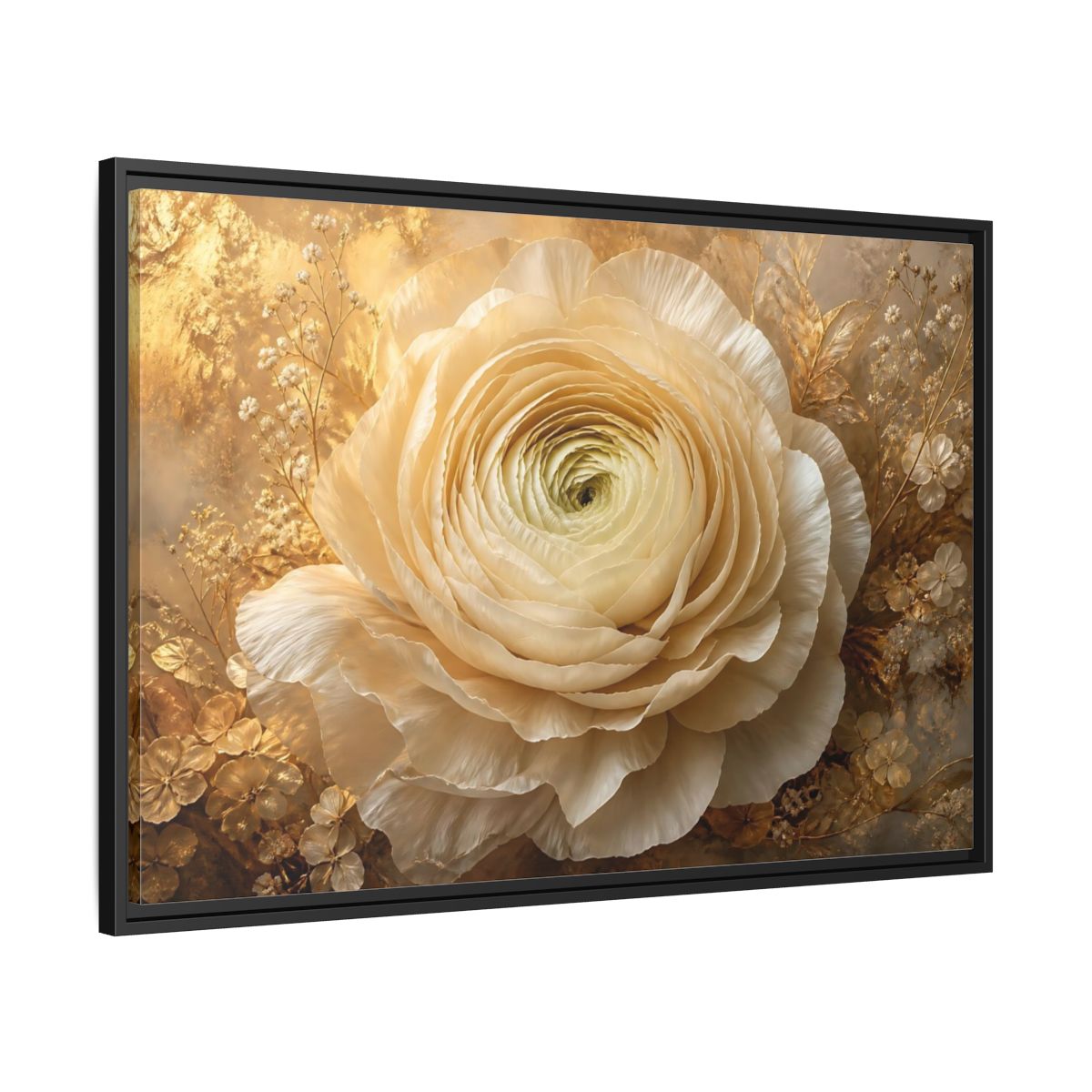 Side Mockup 13. Giant Ivory Ranunculus shown as framed canvas print