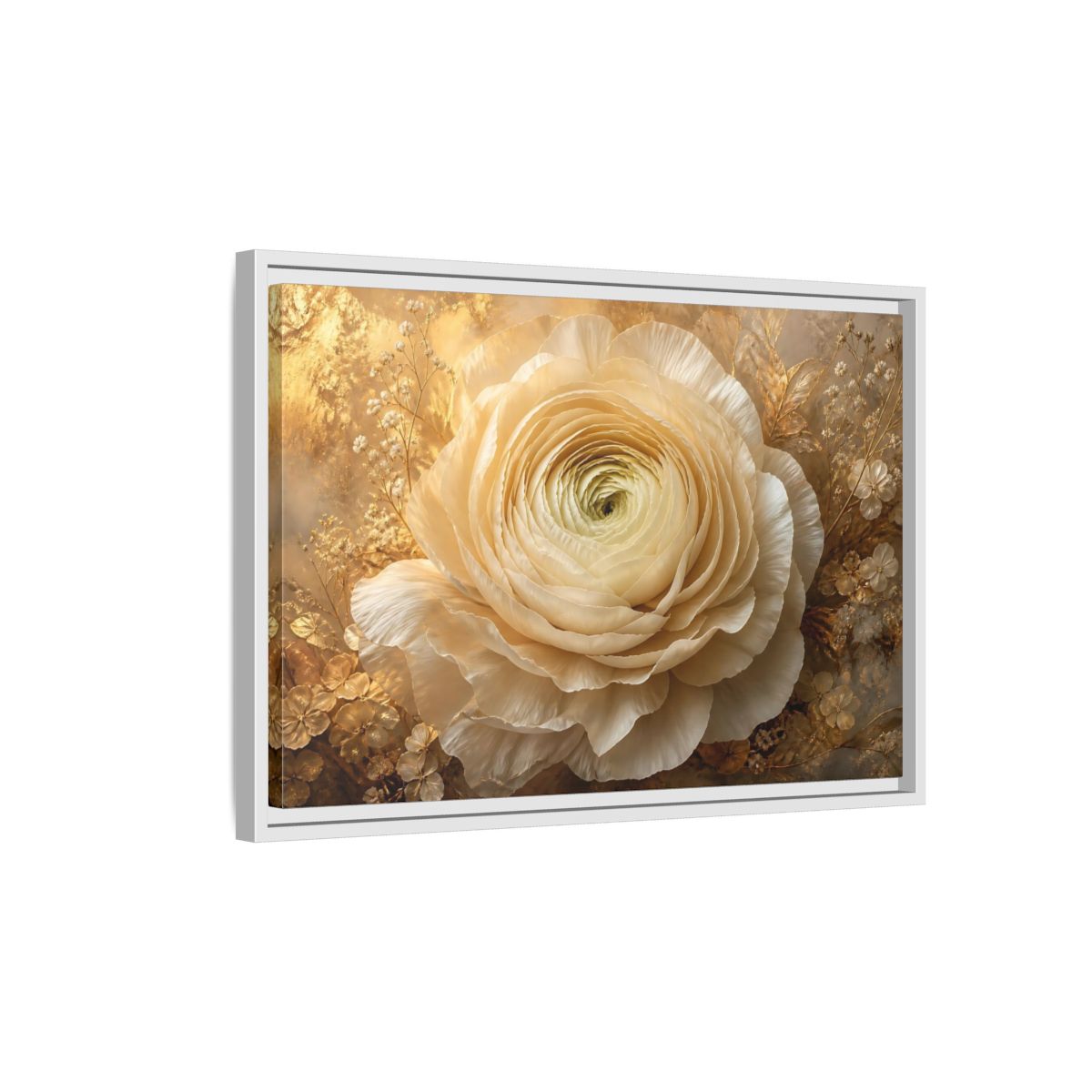 Side Mockup 1. Giant Ivory Ranunculus shown as framed canvas print