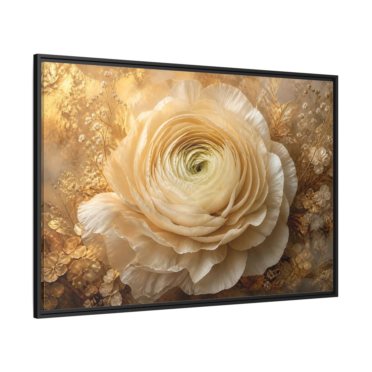 Side Mockup 12. Giant Ivory Ranunculus shown as framed canvas print