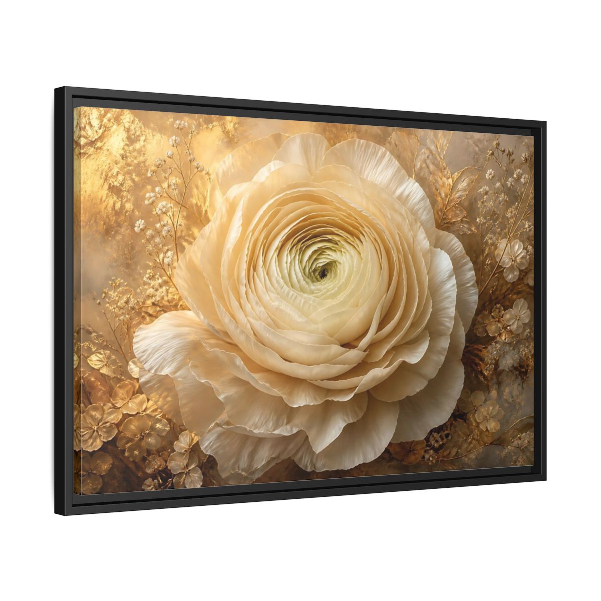 Side Mockup 14. Giant Ivory Ranunculus shown as framed canvas print