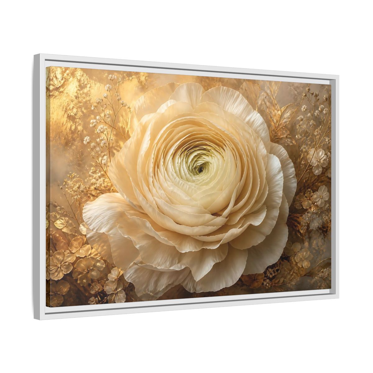 Side Mockup 10. Giant Ivory Ranunculus shown as framed canvas print