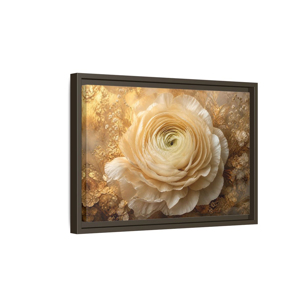 Side Mockup 5. Giant Ivory Ranunculus shown as framed canvas print