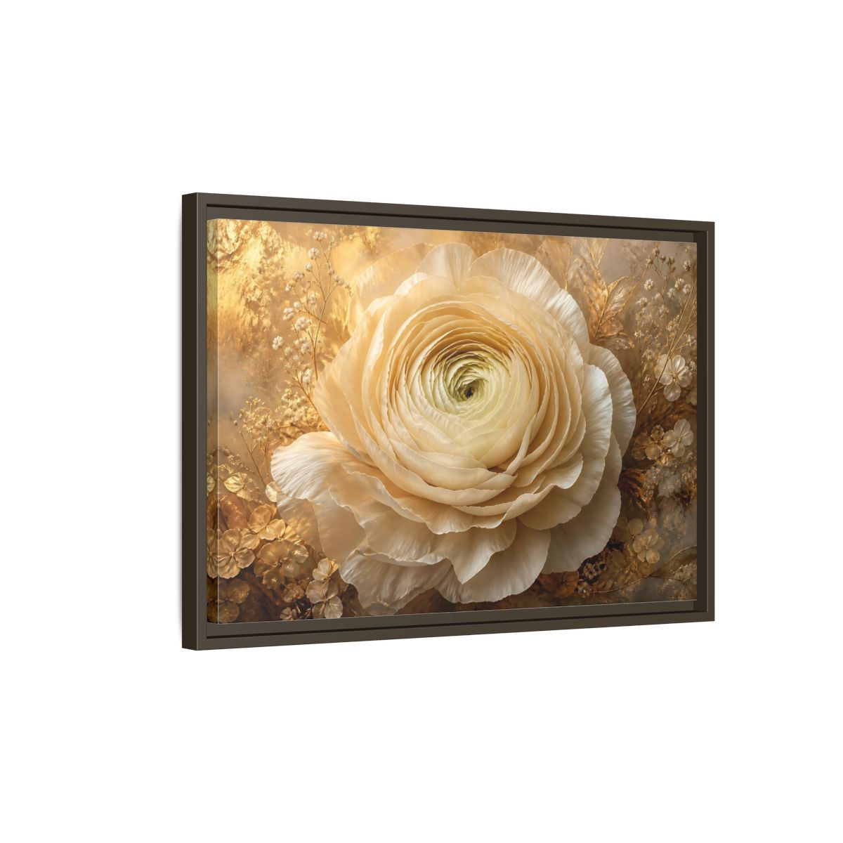 Side Mockup 2. Giant Ivory Ranunculus shown as framed canvas print