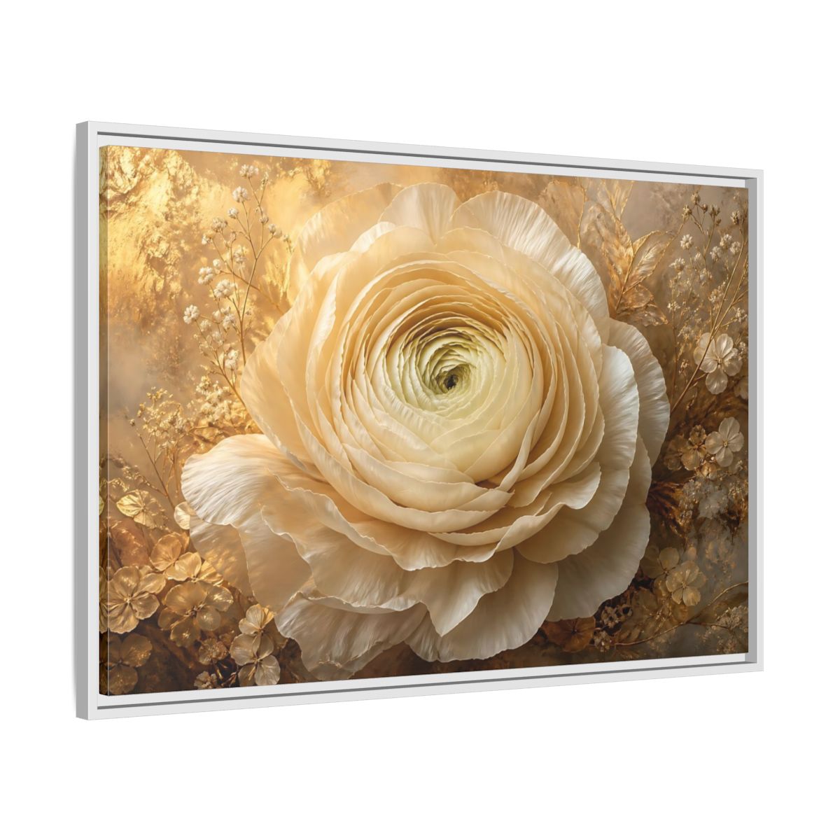 Side Mockup 9. Giant Ivory Ranunculus shown as framed canvas print