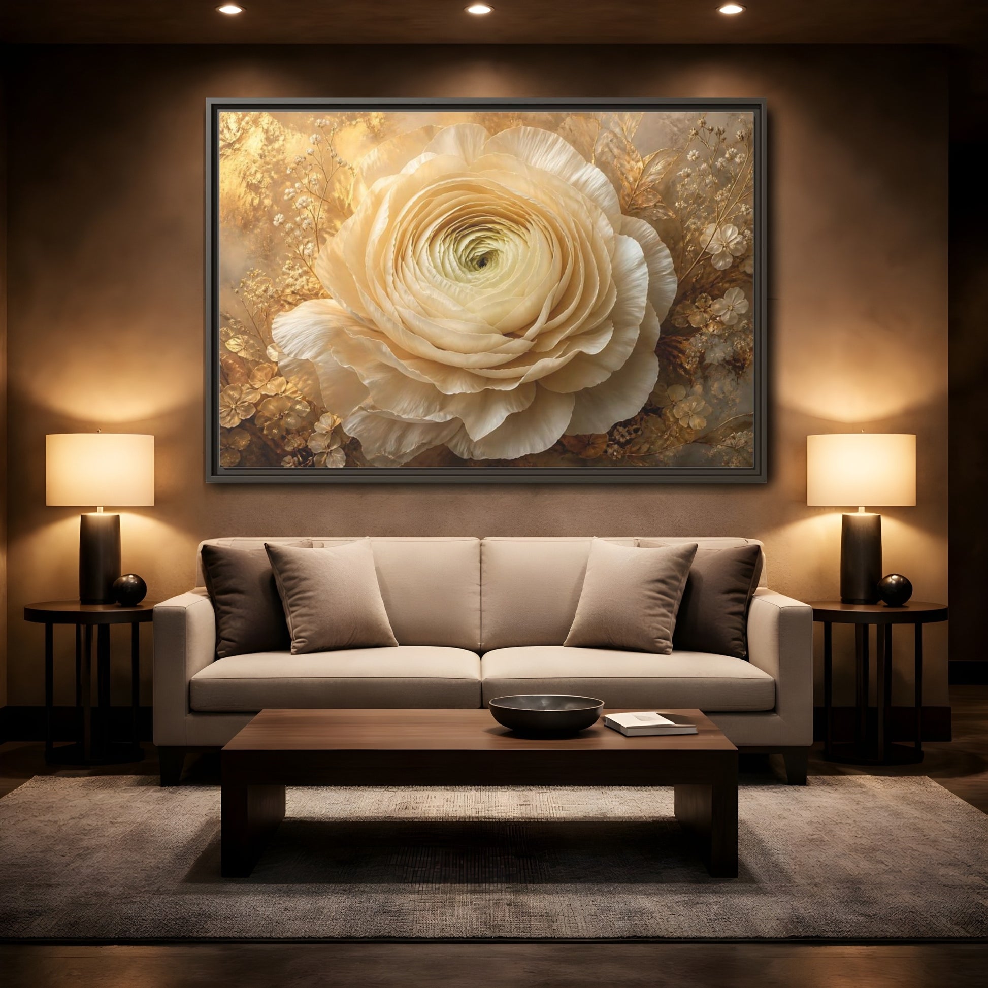 Mockup 2. Giant Ivory Ranunculus shown as framed canvas print