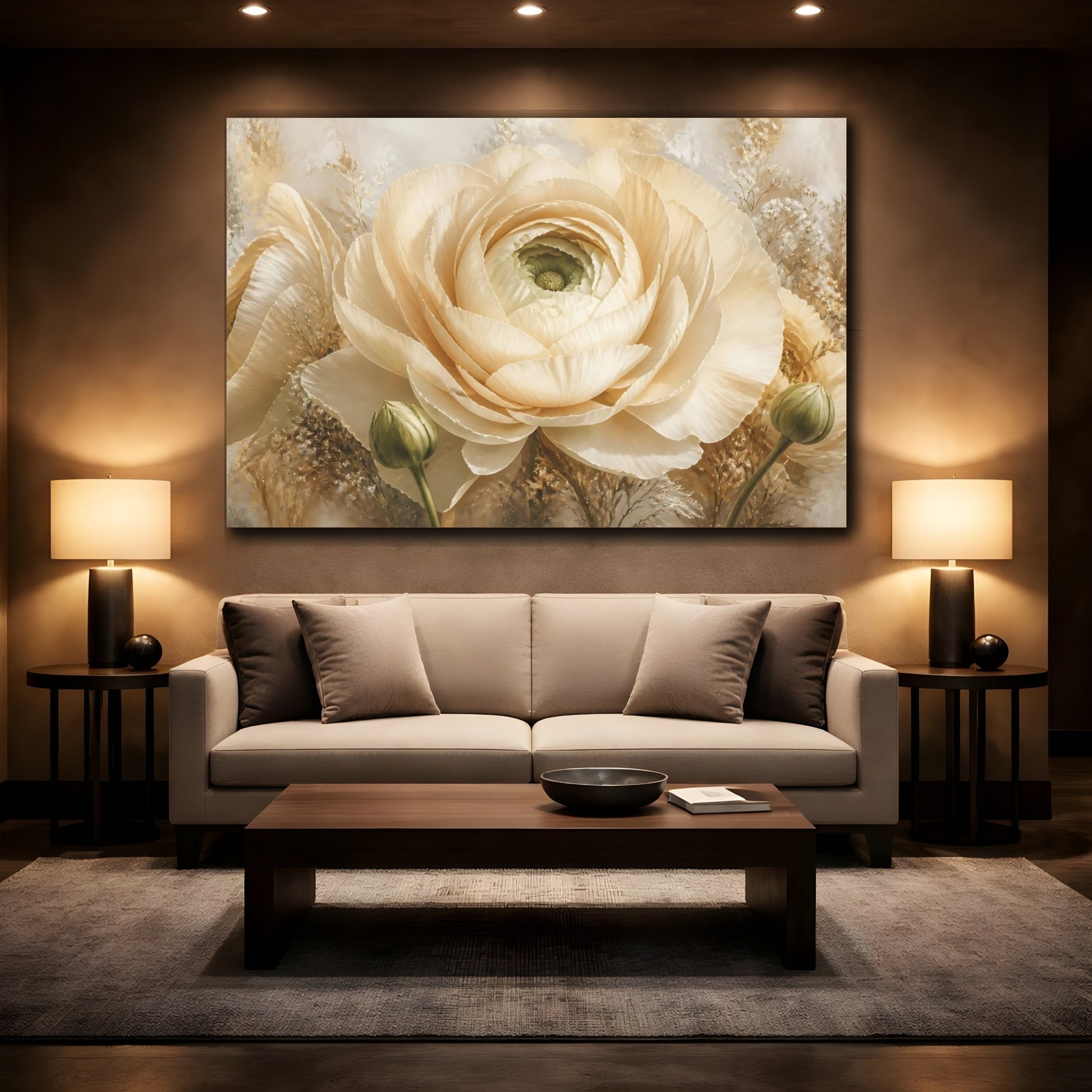 Mockup 2. Giant Ivory Ranunculus shown as canvas print