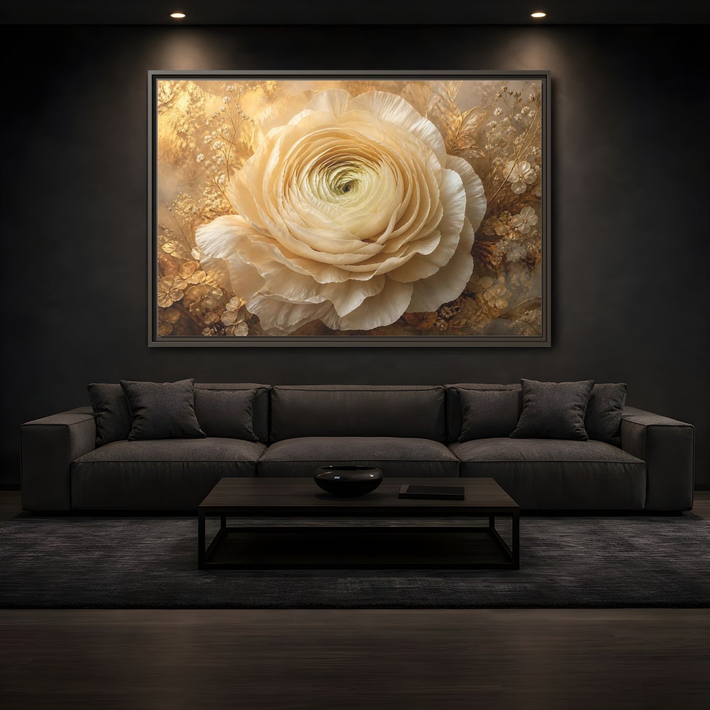 Mockup 3. Giant Ivory Ranunculus shown as framed canvas print