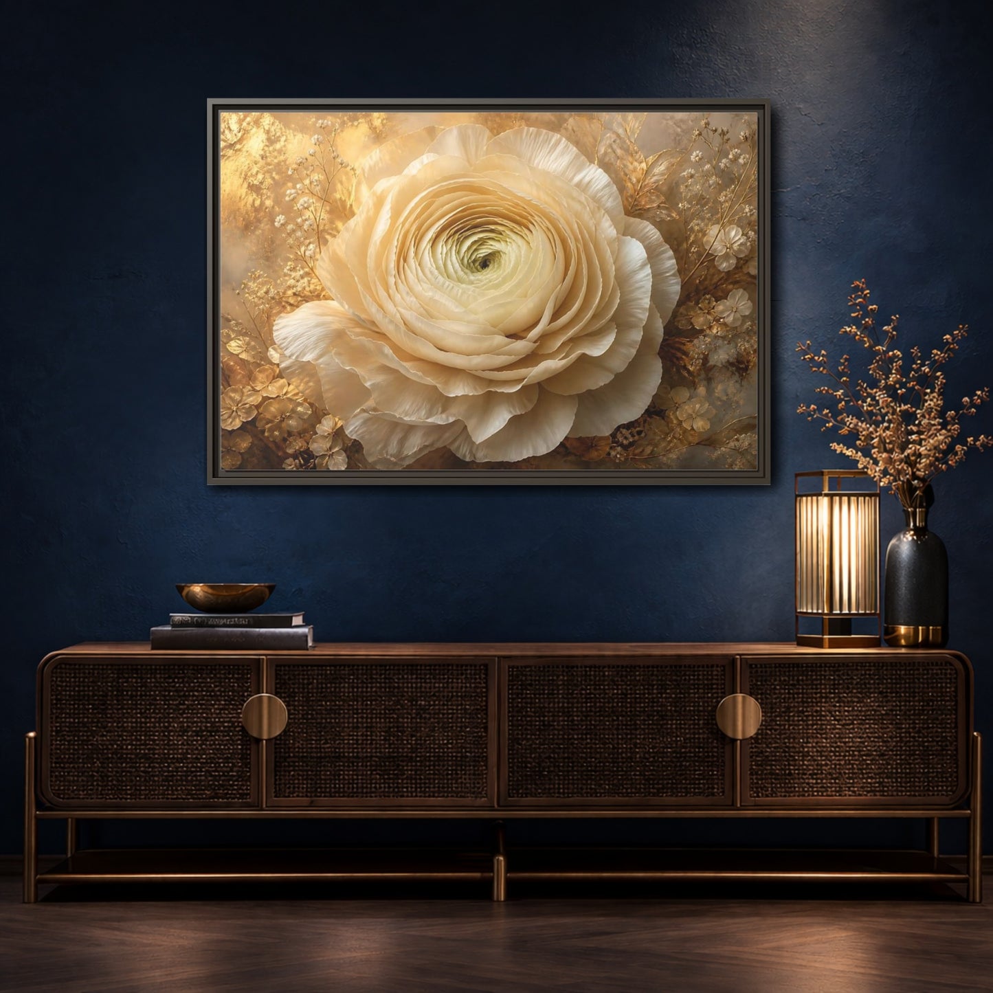 Mockup 4. Giant Ivory Ranunculus shown as framed canvas print