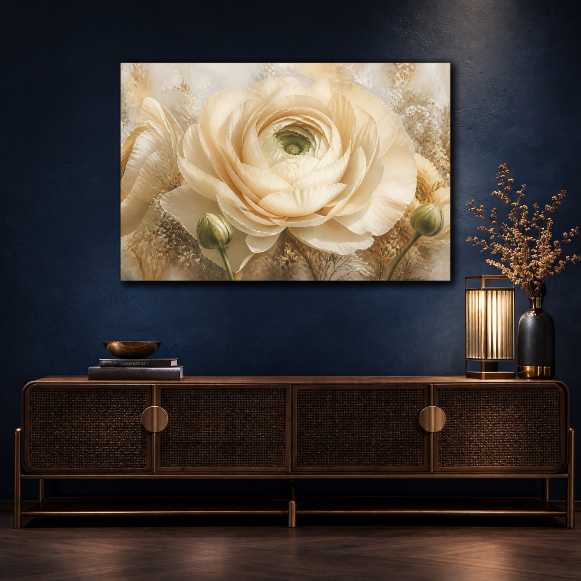 Mockup 4. Giant Ivory Ranunculus shown as canvas print