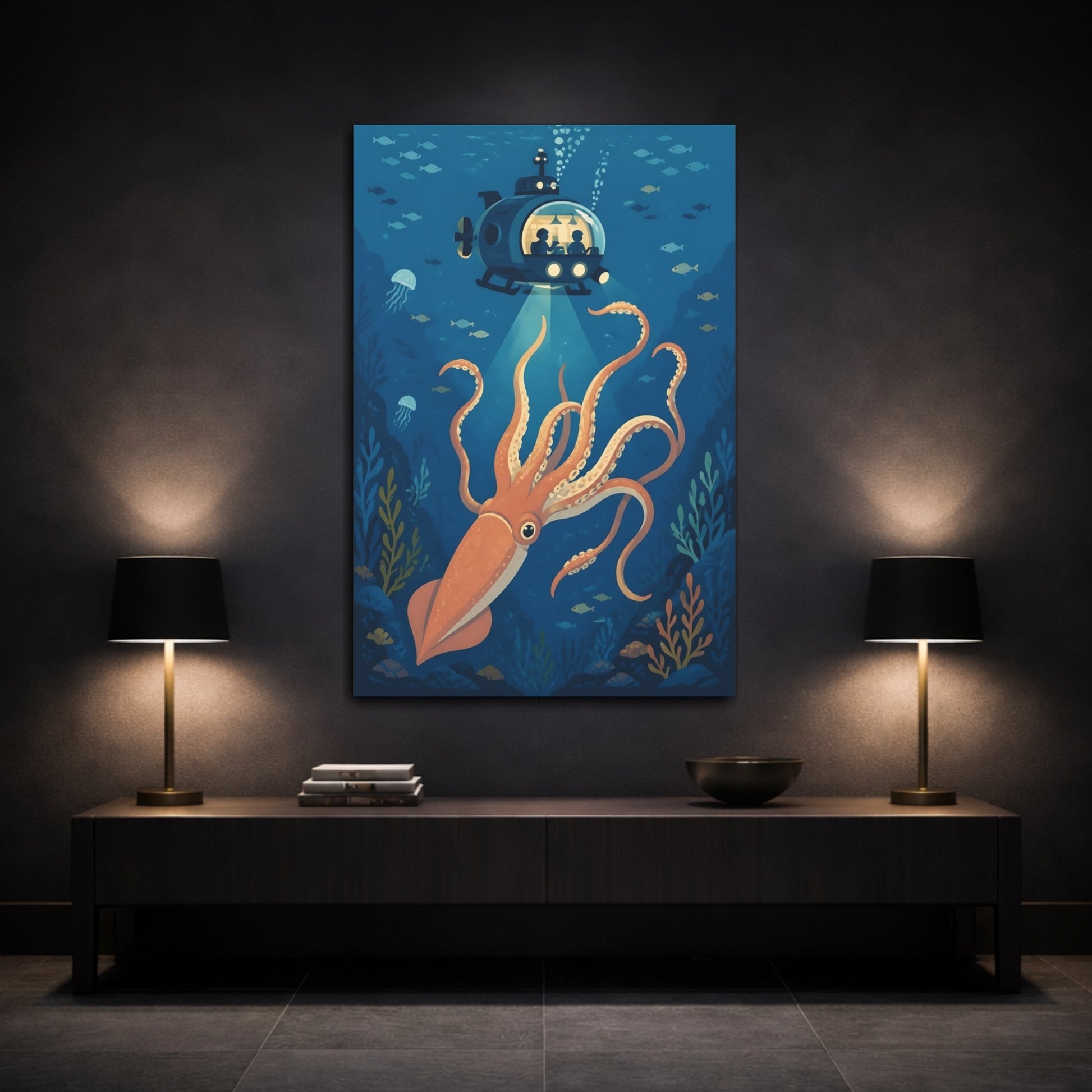 Mockup 3. Giant Squid Kids Room Adventure shown as canvas print