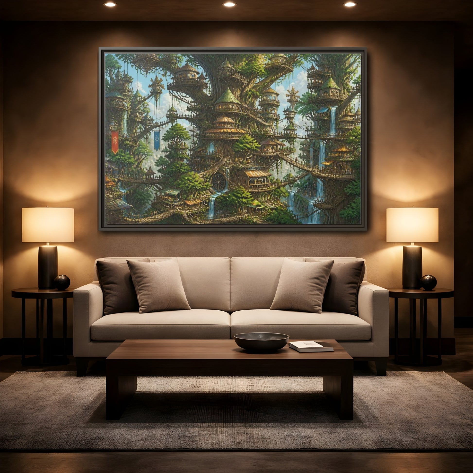 Mockup 2. Gigantic Tree City shown as framed canvas print