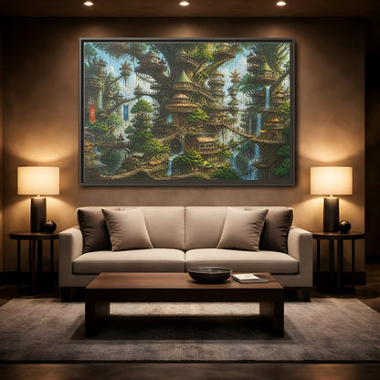 Mockup 2. Gigantic Tree City shown as framed canvas print
