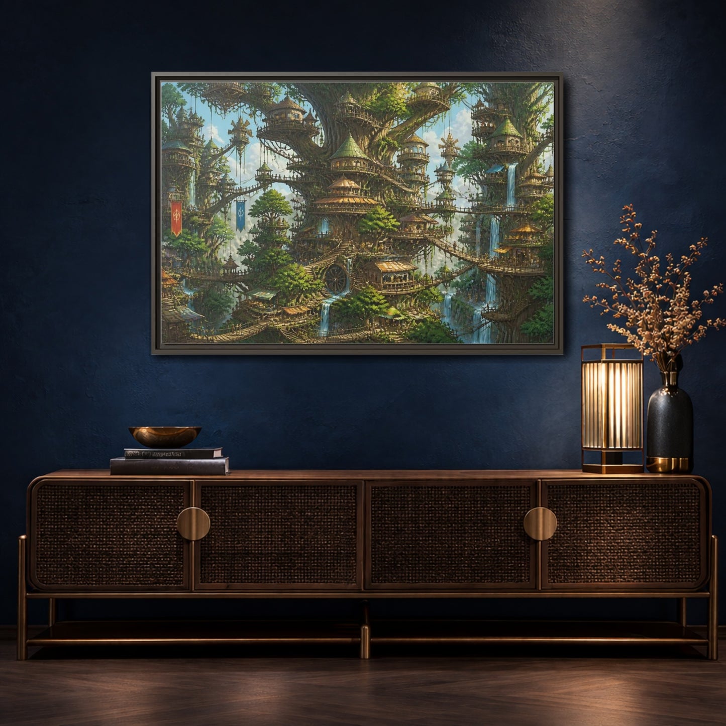 Mockup 4. Gigantic Tree City shown as framed canvas print