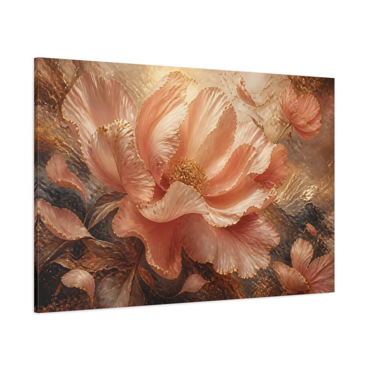 Side Mockup 1. Gilded Blush Peony shown as canvas print