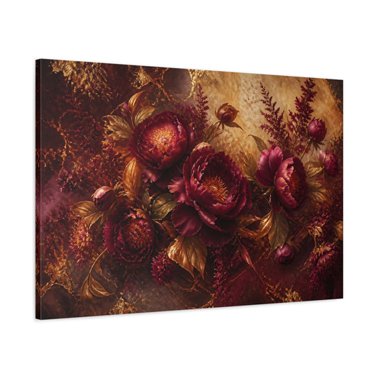 Main Mockup. Gilded Burgundy Peony Bouquet shown as canvas print