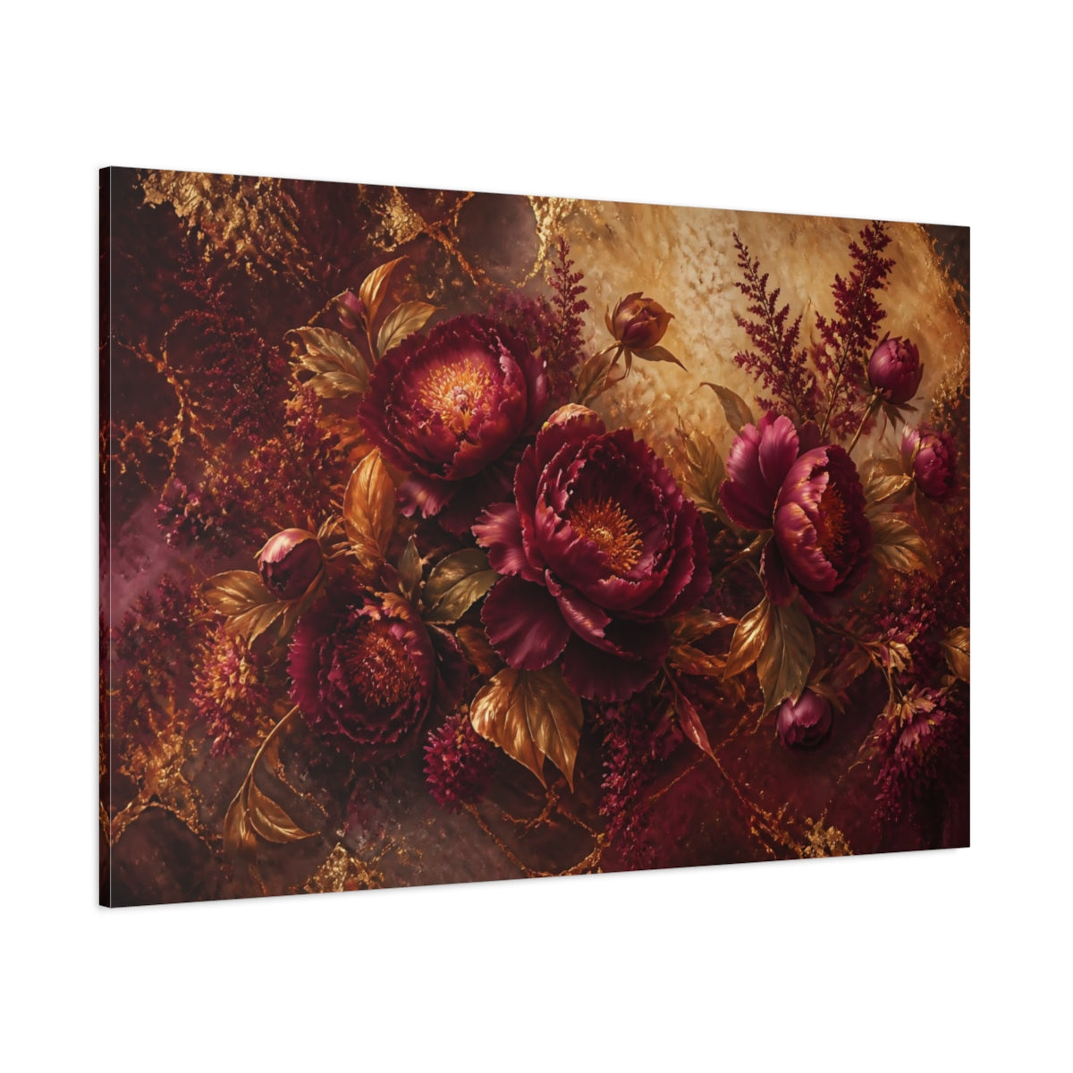 Side Mockup 1. Gilded Burgundy Peony Bouquet shown as canvas print