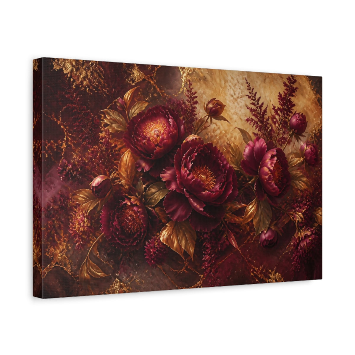 Side Mockup 4. Gilded Burgundy Peony Bouquet shown as canvas print