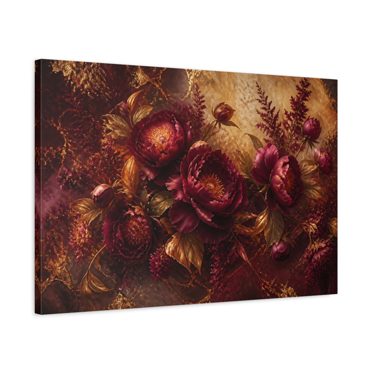 Side Mockup 2. Gilded Burgundy Peony Bouquet shown as canvas print