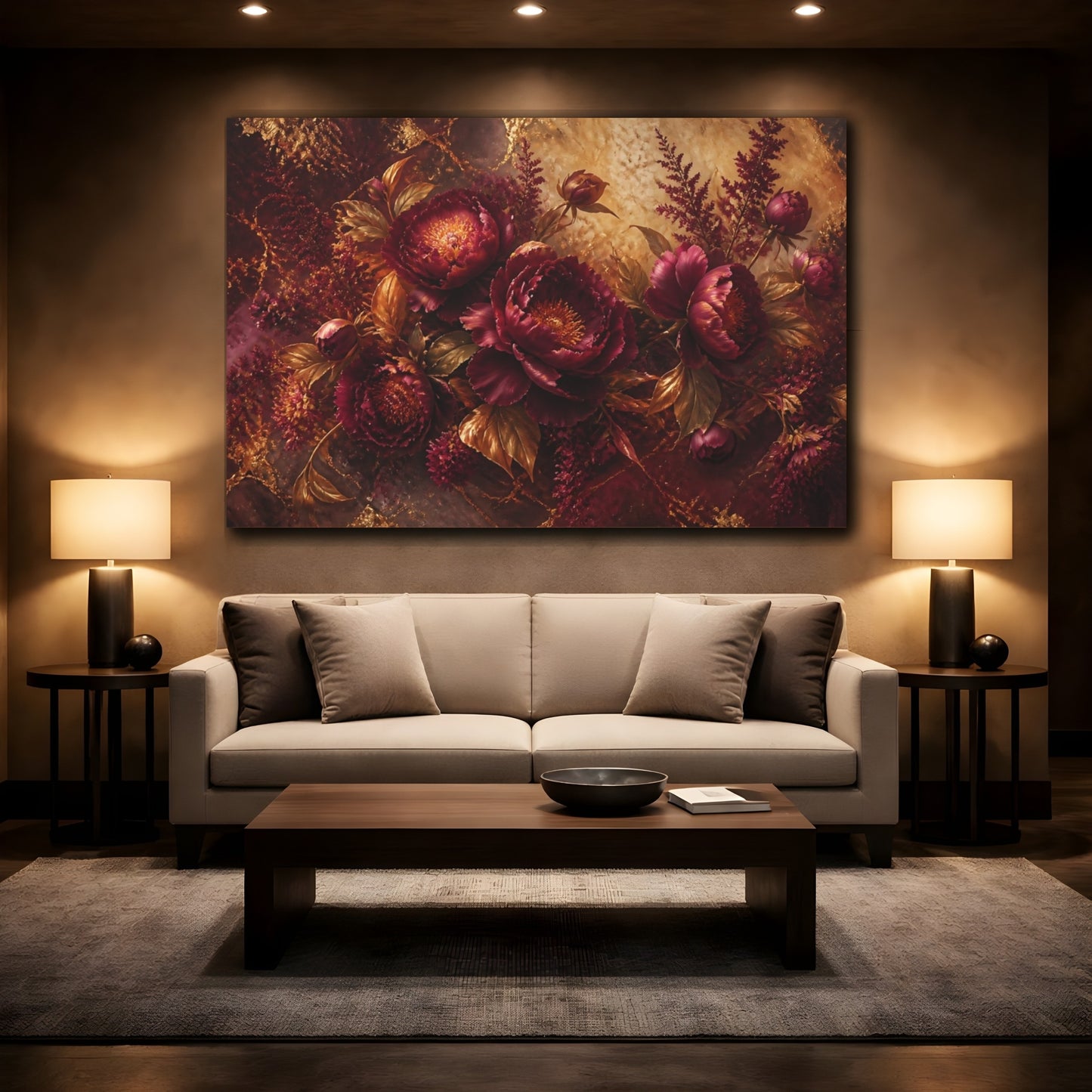 Mockup 2. Gilded Burgundy Peony Bouquet shown as canvas print