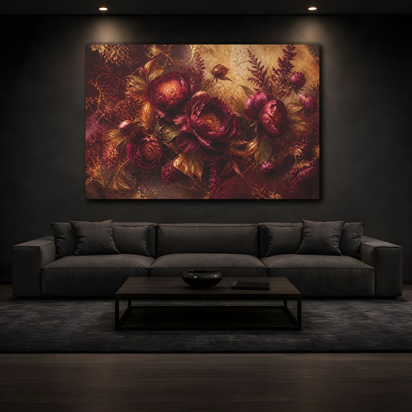 Mockup 3. Gilded Burgundy Peony Bouquet shown as canvas print