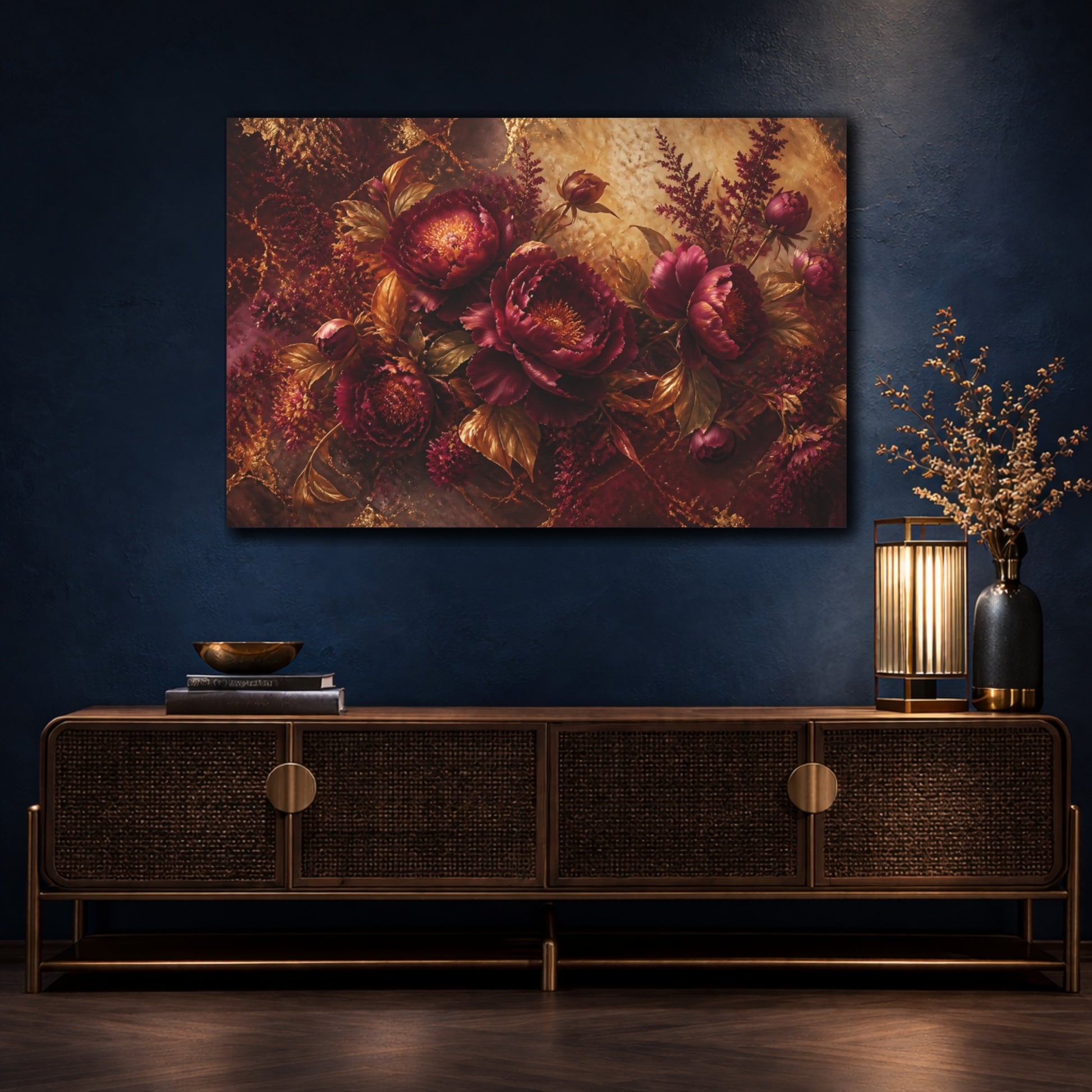 Mockup 4. Gilded Burgundy Peony Bouquet shown as canvas print