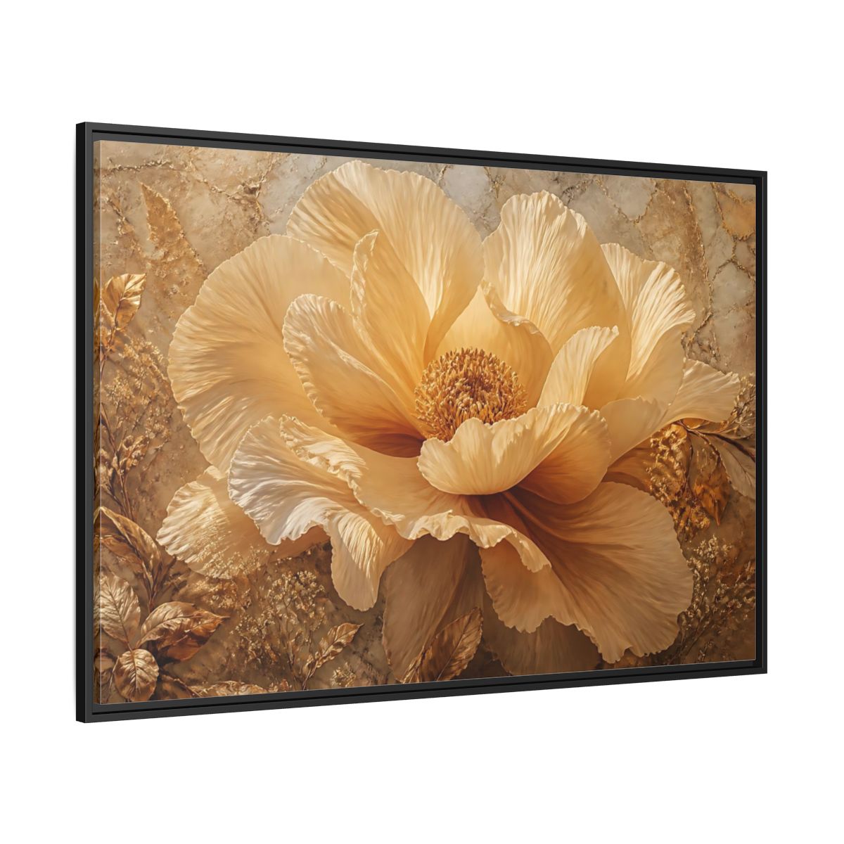 Side Mockup 12. Gilded Champagne Bloom shown as framed canvas print