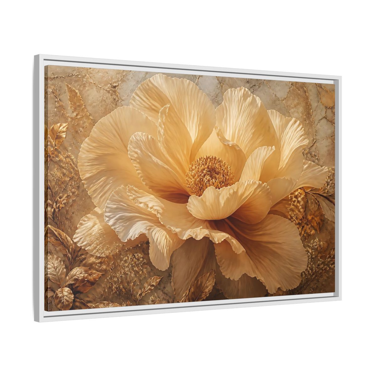 Side Mockup 9. Gilded Champagne Bloom shown as framed canvas print