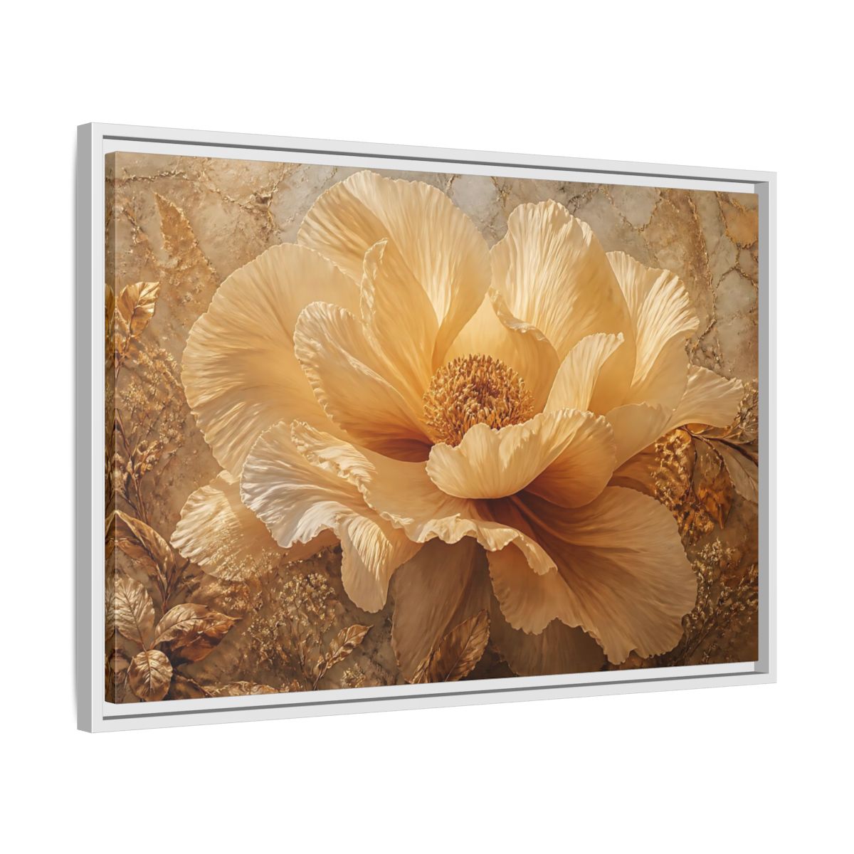Side Mockup 10. Gilded Champagne Bloom shown as framed canvas print