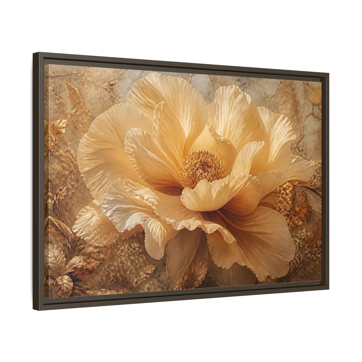Side Mockup 11. Gilded Champagne Bloom shown as framed canvas print