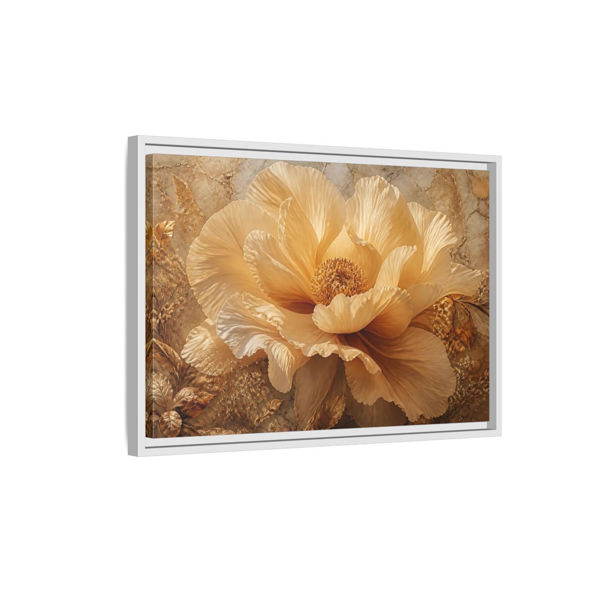 Side Mockup 1. Gilded Champagne Bloom shown as framed canvas print
