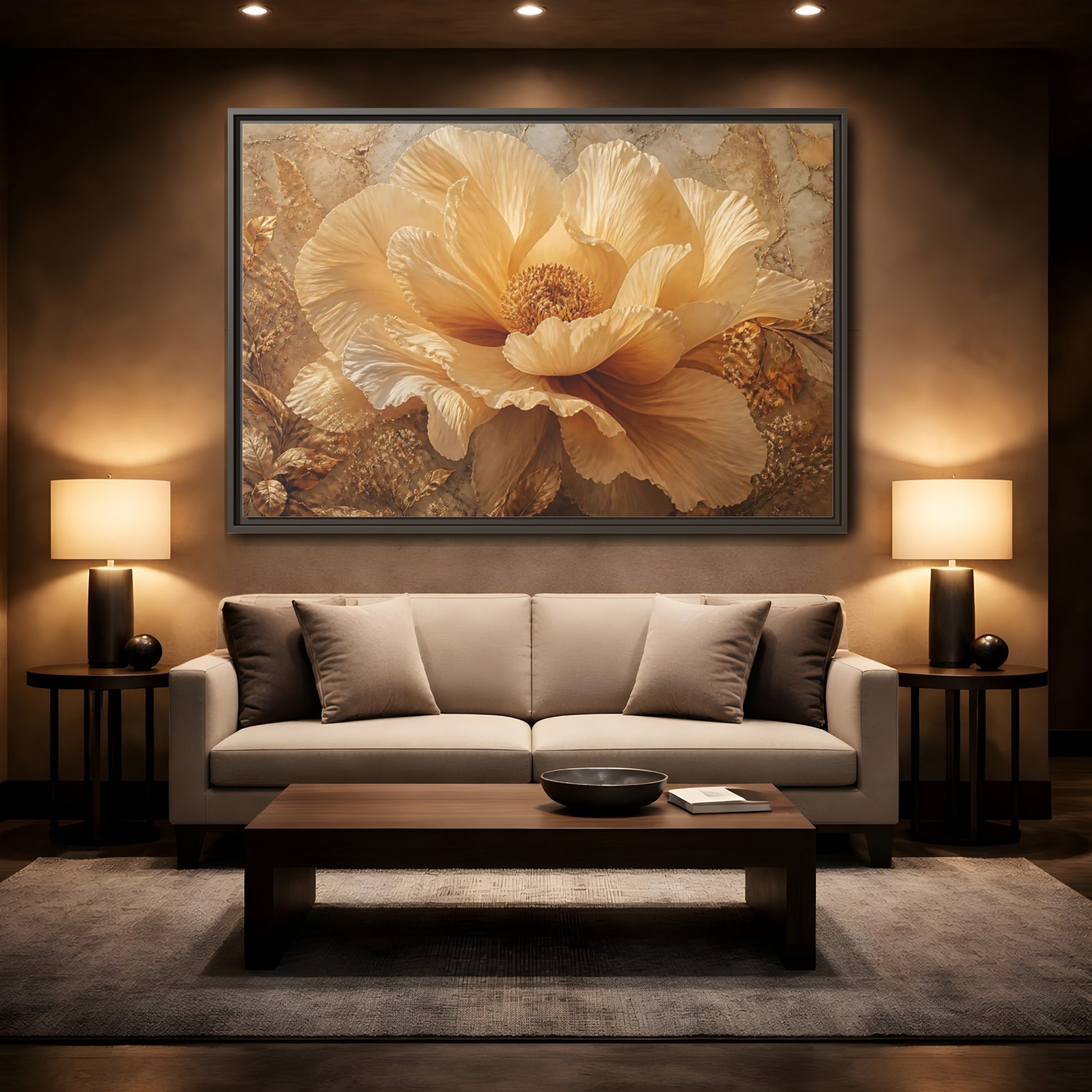 Mockup 2. Gilded Champagne Bloom shown as framed canvas print