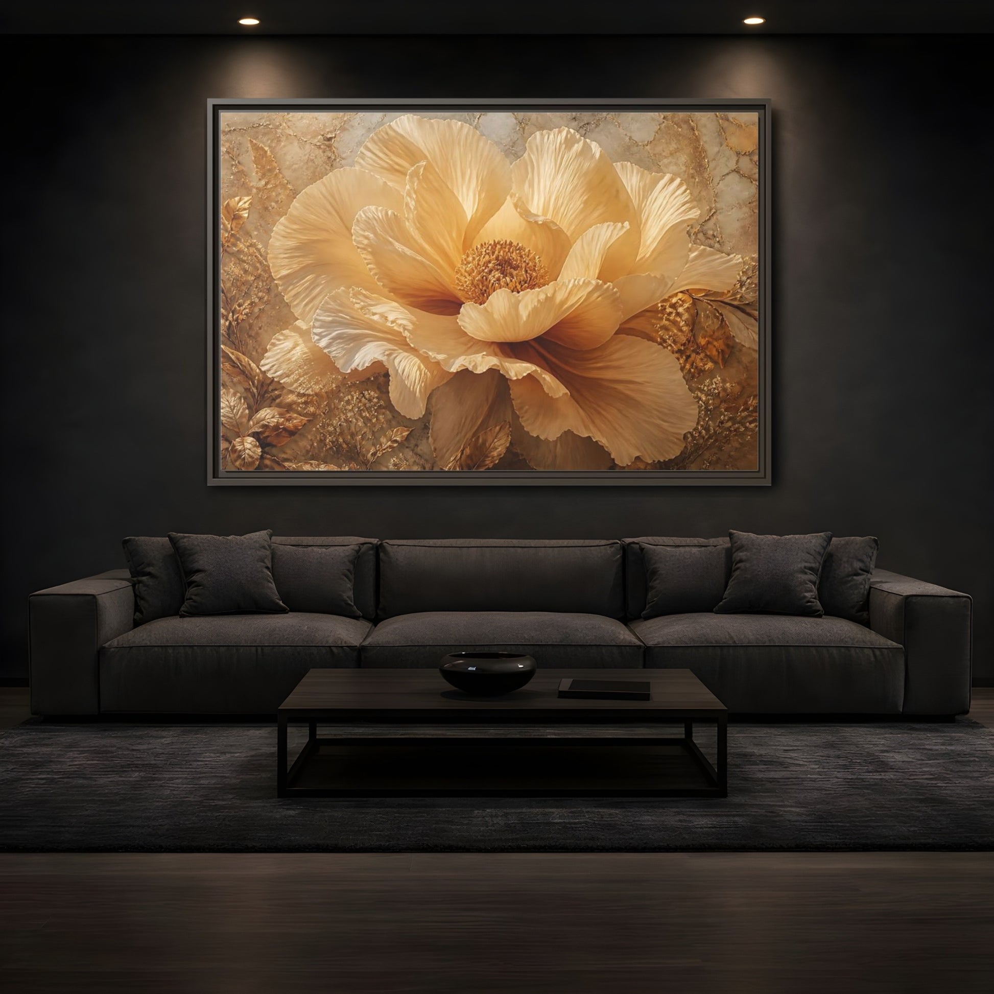 Mockup 3. Gilded Champagne Bloom shown as framed canvas print