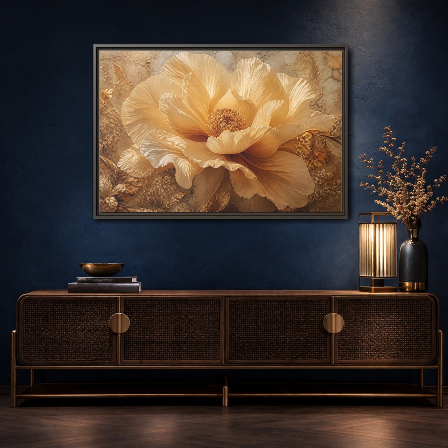 Mockup 4. Gilded Champagne Bloom shown as framed canvas print