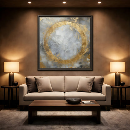 Mockup 2. Gilded Circle Abstract shown as framed canvas print