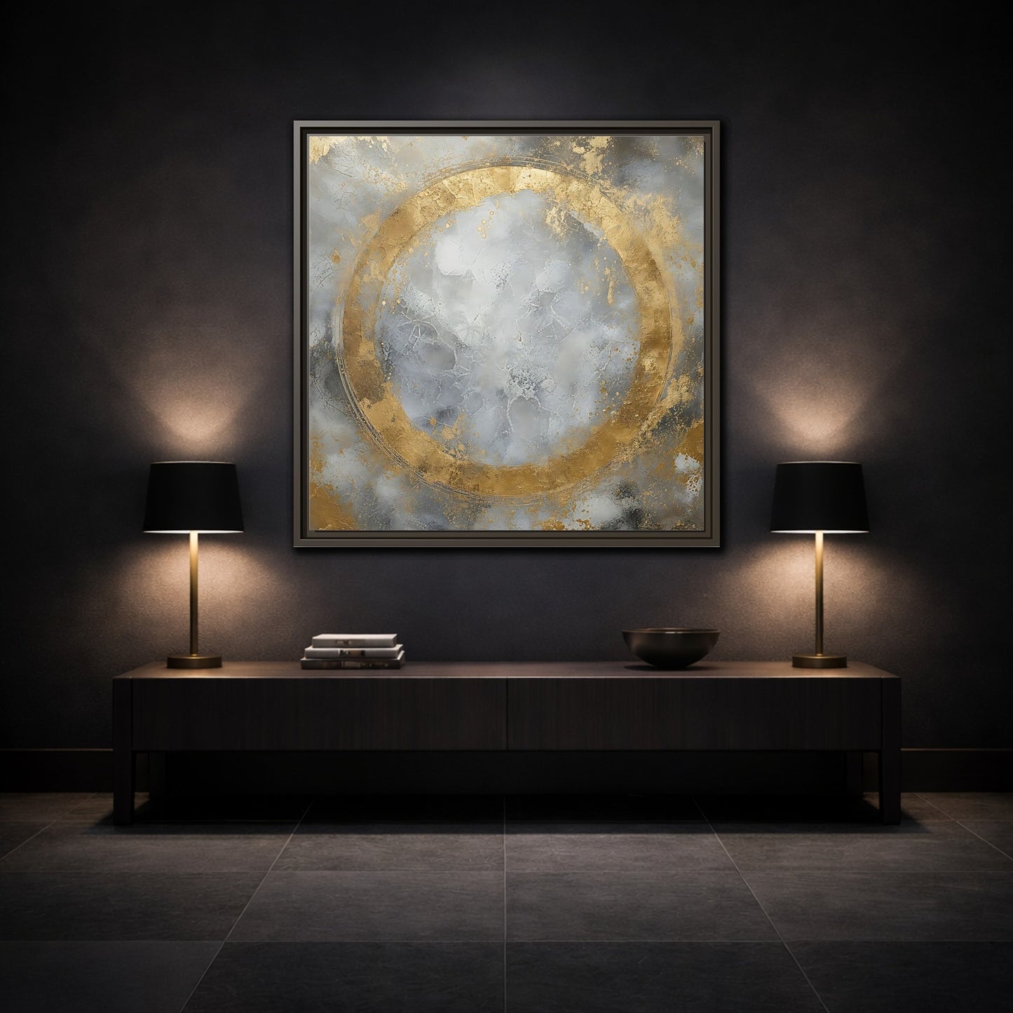Mockup 3. Gilded Circle Abstract shown as framed canvas print