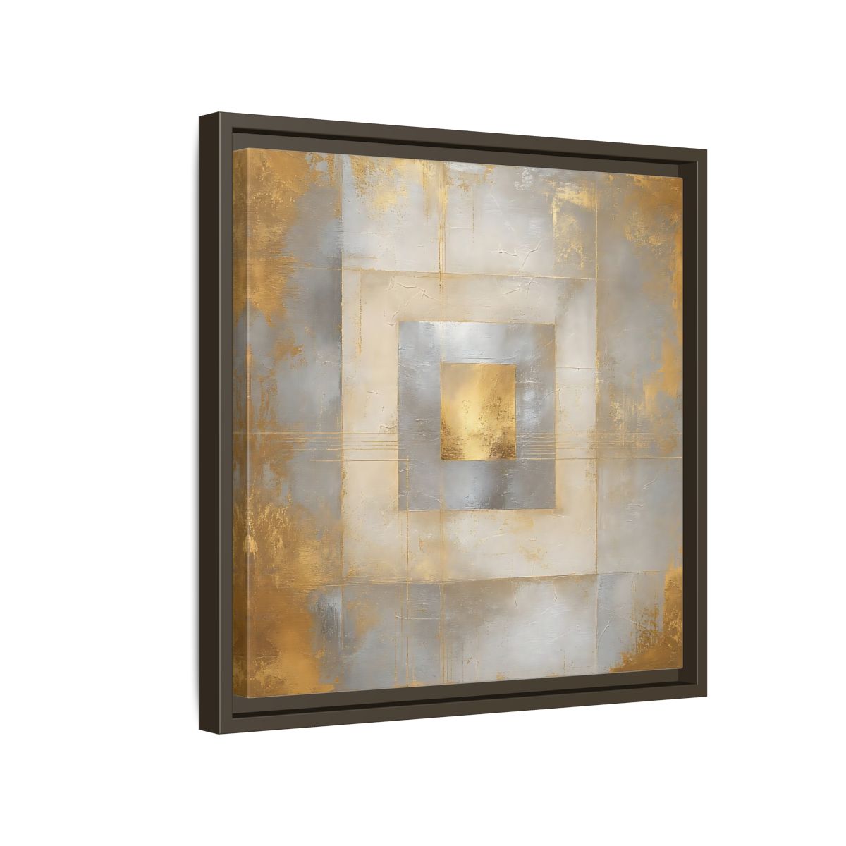 Side Mockup 14. Gilded Concentric Squares shown as framed canvas print